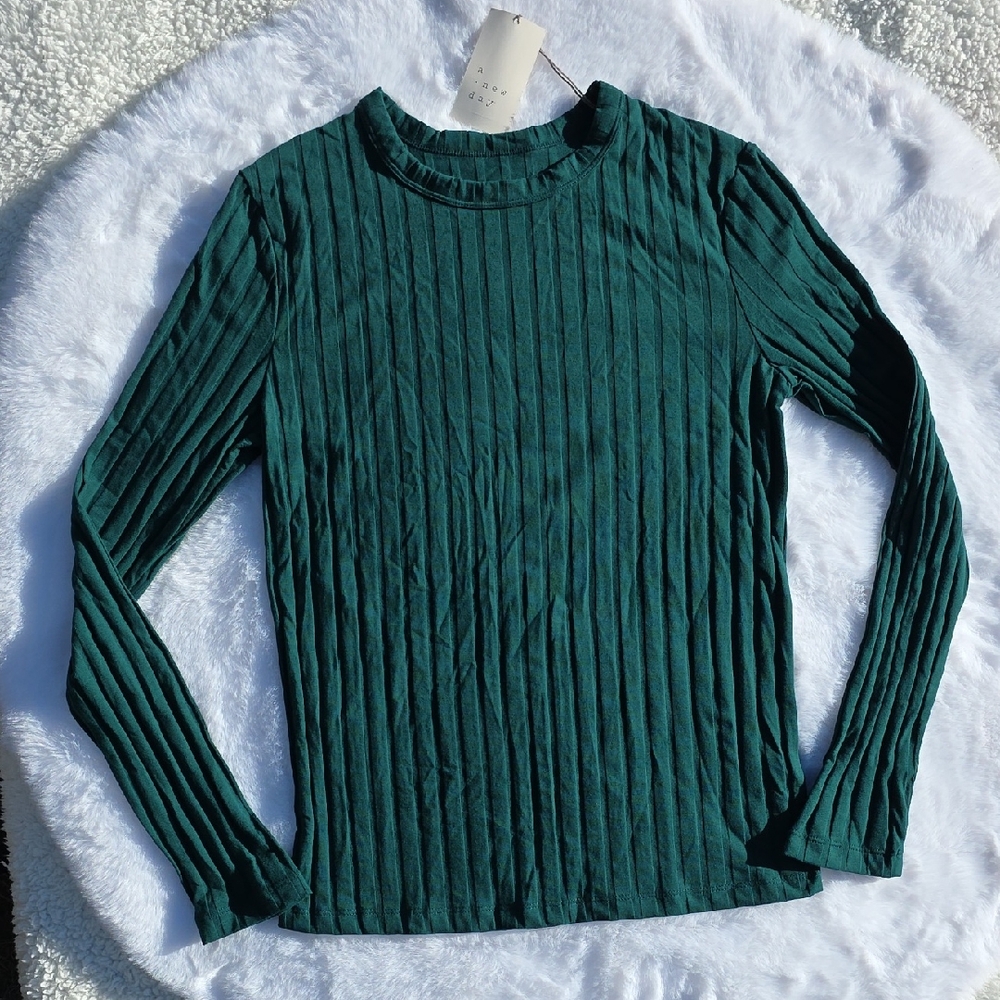 A New Day Forest Emerald Green Ribbed Top Long Sleeve Sweater Juniors Womens Med